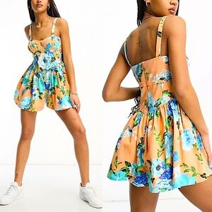 NWT ASOS DESIGN Twill Flippy Playsuit in Floral Print US 10 Corset Romper Boho